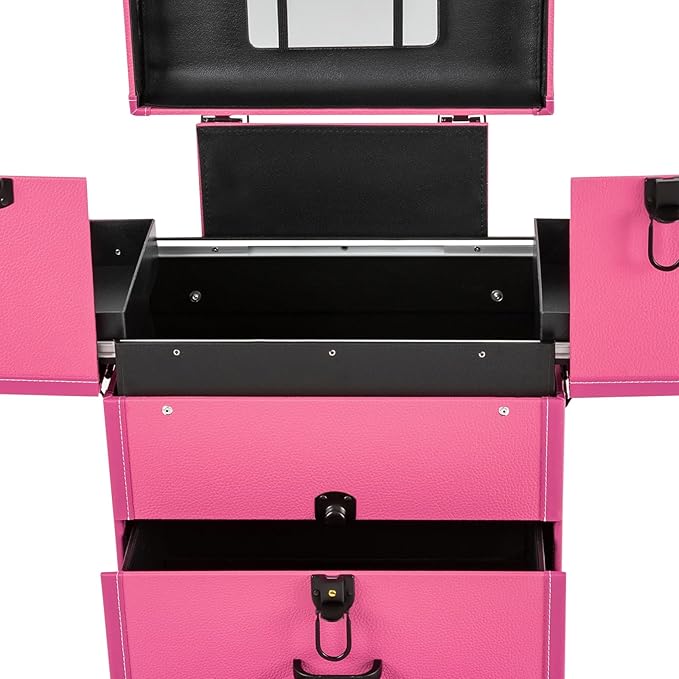 Rolling Makeup Train Case with Wheels and Mirror, Lockable Portable Cosmetic Organizer Trolley, Large Make up Cosmetic Orgainzer, Pro Makeup Artists Multifunction Cosmetics Trolley Train Case (Rose)
