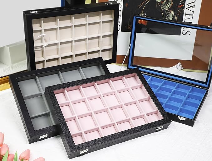 Stratalife Jewelry Organizer 40 Grid Beige Black Jewelry Tray with Clear Dust-proof Lid Velvet Earring Organizer Necklace Rings Holder Display Drawer Storage Case for Women