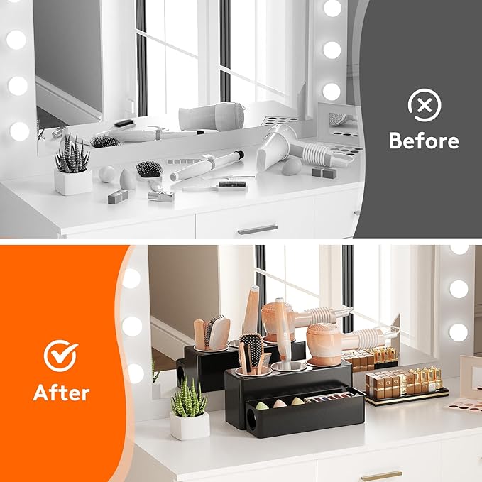 Lifewit Hair Tool Organizer Countertop, Removable Blow Dryer Holder for Bathroom, Acrylic Hot Tools Organizer Storage for Curling Iron, Brush, Straightener, 3 Stainless Cups, Black, 30 cm/12 inch(L)