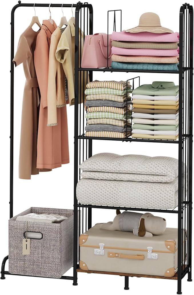 4 Tier Hanging Closet Organizer Separable Hanging Closet Shelves with 4 Adjustable Dividers Freestanding Wardrobe Closet Organizer for Clothing Sweaters Shoes Handbags Clutches Accessories