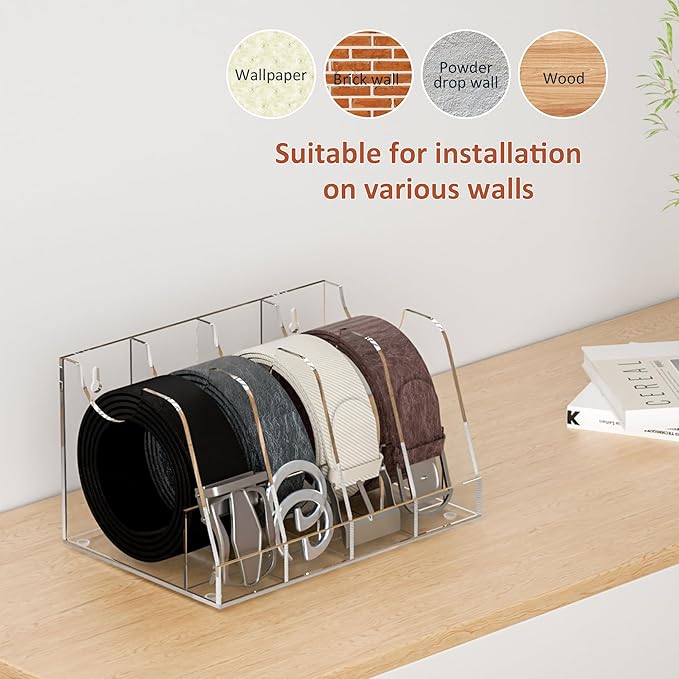 Belt Organizer 4 Compartments, Clear Acrylic Belt Storage for Closet, Wall Mount Belt Holder