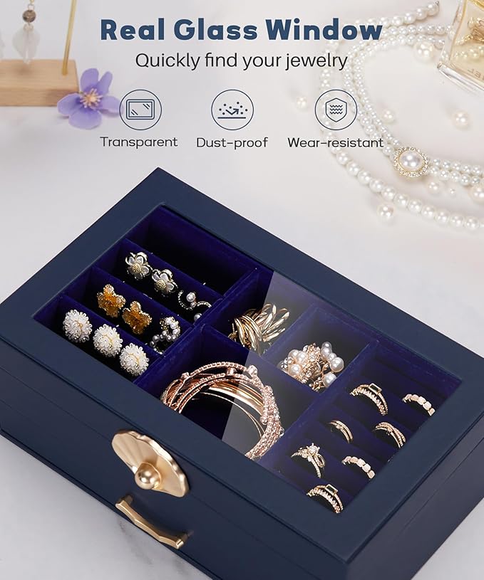 Jewelry Box with 1 Drawers: Display Organizer for Earrings Necklaces - Gifts for Girls Women (Dark Blue)