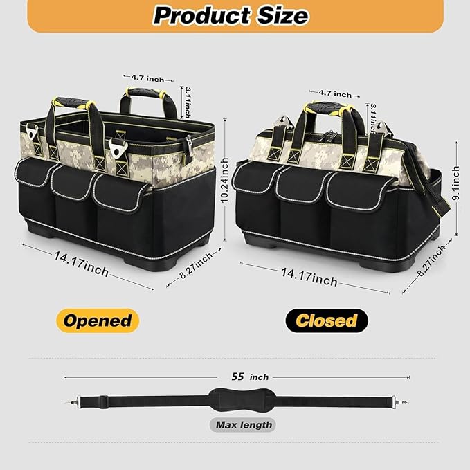 15 Inch Open Top Tool Tote Bag with Hard Bottom, Waterproof Electrician Tool Tote, Wide Mouth Tool Organizer with 15 Pockets, Heavy Duty Molded Base, Reflective Tool Bag for Men