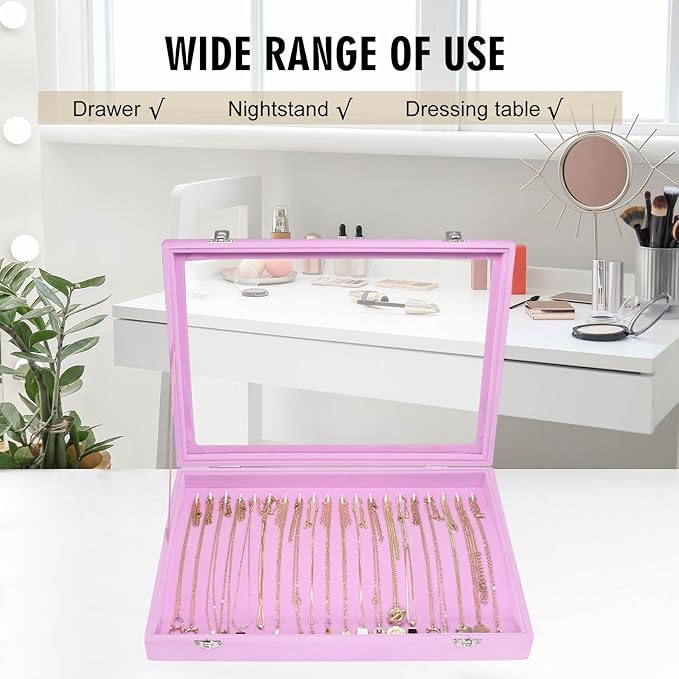 Necklace Organizer Box Premium 20 Hooks Velvet Necklace Display Jewelry Tray with Transparent Lid Jewelry Necklace Display Box for Necklace Pendants Suitable for Women and Girls (Pink)