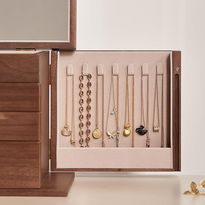 Black Walnut Wooden Jewelry Box, Wood Jewelry Organizer with 2 Side Doors Mirror Lockable Classical Style for Watch Necklace Ring Earring Storage Valentine's Day Gifts-4 Layer