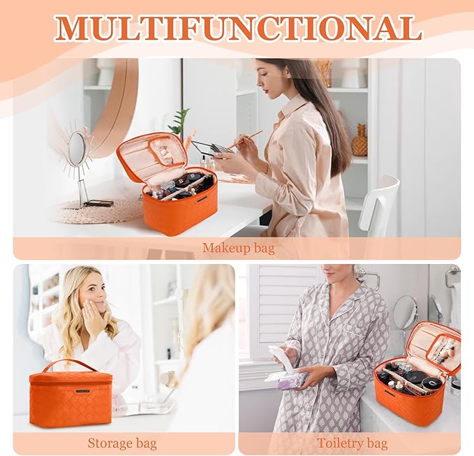 Dajasan Travel Makeup Bag, Travel Cosmetic Bag, Large Makeup Organizer Bag, Travel Toiletry Bag for Bottles, Brushes, Conditioner and Skin Care Products, 11.8 x 6.7 x 7.1 Inch (Orange)