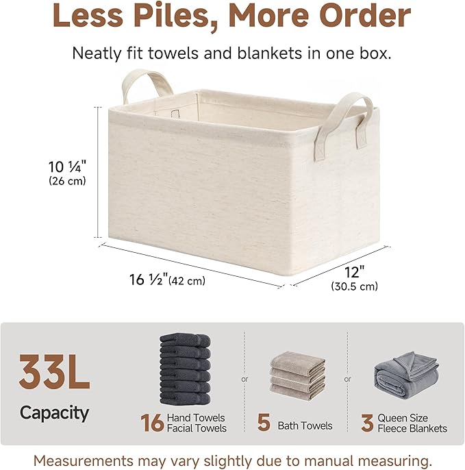 StorageWorks Storage Bins, Shelves Baskets for Organizing, Large Fabric Closet Organizers with Handles, Metal Frame, Beige?Cotton-linen?, 2-Pack