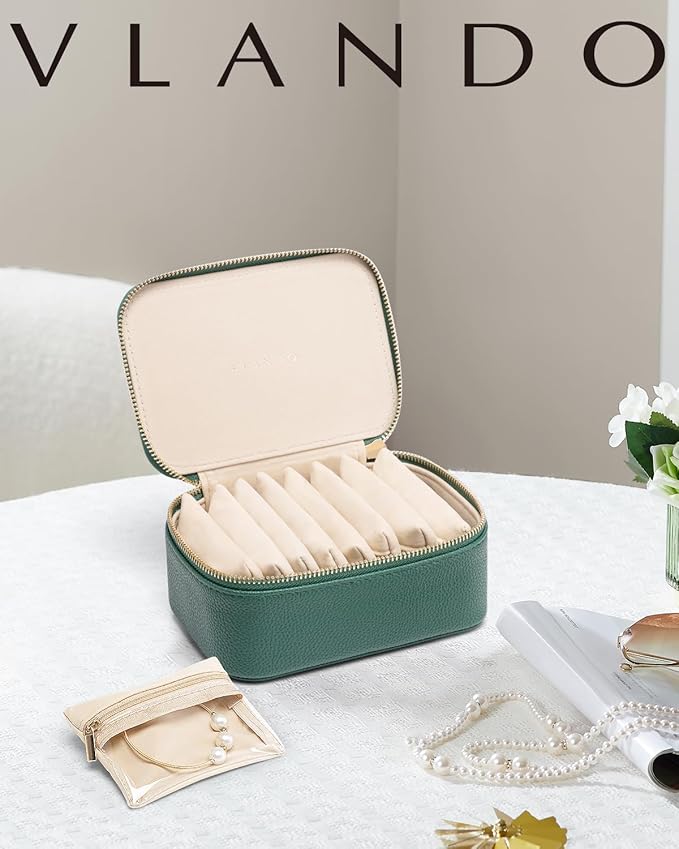 Vlando Jewelry Travel Case,Travel Jewelry Organizer with Clear Velvet Jewelry Bags 8Pcs Zipper Pouch for Women Girl Gift-Green