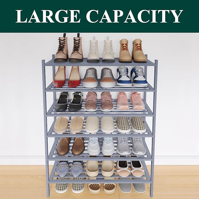 Smiry Bamboo Shoe Rack 6-Tier, Stackable Wooden Shoe Organizer for Entryway & Closet, Free Standing Wood Shoe Storage Shelf for Front Door & Small Spaces, Grey