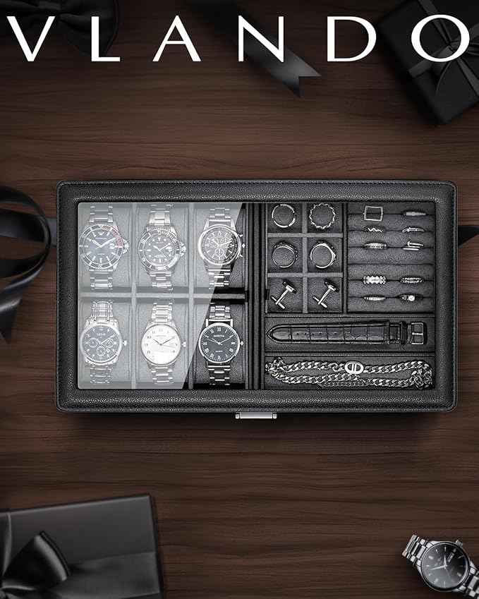 Vlando 6-Slot Watch Box Organize, Lockable Watch Case with Textured Leather, 2 Layer Watch Holder for Rings, Bracelets, Glasses, Glass Lid, Removable Divider, Gift for Fathers, Husband, Friend, Grey