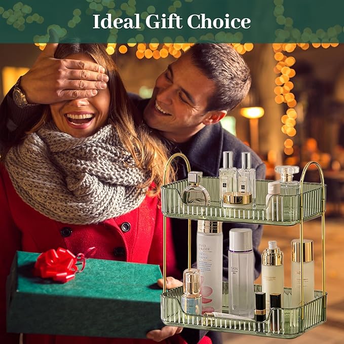 Aveniee Bathroom Counter Organizer, 2 Tier Perfume Skin Care Countertop Storage Shelf, Vanity Makeup Tray for Cosmetic Skincare Lotion,Green