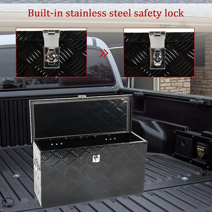 24'' Inch Stripes Plated ATV UTV Aluminum Tool Box Truck Bed Toolbox Waterproof Square Storage Organizer with Lock and Keys Black(24" L x 9.5" W x 12.5" H)