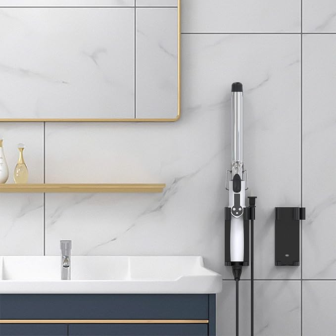 2 Pack Hair Tool Organizer Wall Mount, Adhesive Holder for Curling Iron, Flat Iron, Straightener, Damage-Free Bathroom Vanity Storage with Cord Wrap (Black)