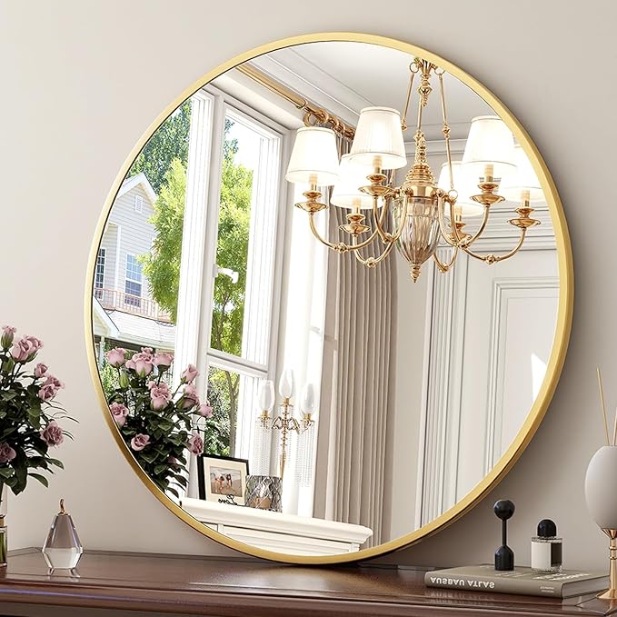 36 Inch Round Mirror - Circle Mirrors for Bathroom, Entryway and Living Room Wall Decor, Modern Hanging Vanity Mirror, Matte Gold Circle Decorative Wall Mirror