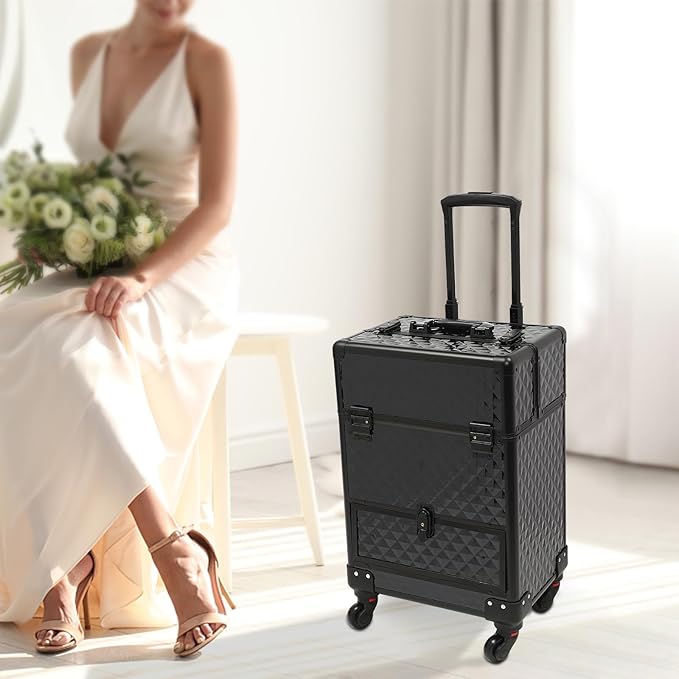 Makeup Rolling Case, Professional Rolling Nail Case Wheeled Manicure Storage Case Polish Organizer w/ Universal Wheels, Portable Adjustable Studio Travel Cart for Nail Technicians Hairstylist (Black)