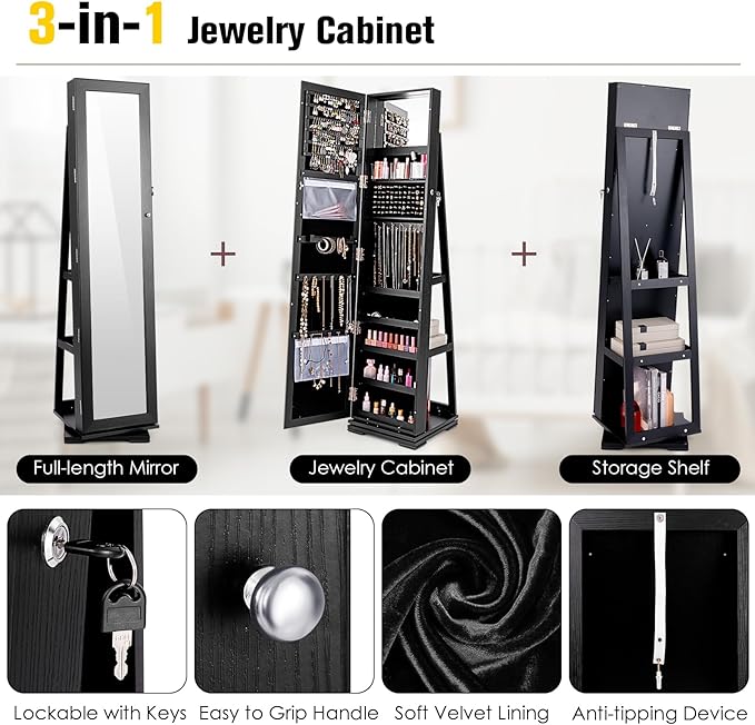 360° Swivel LED Mirror Jewelry Cabinet with Full Length Mirror, Lockable Floor Standing Mirrored Jewelry Armoire Organizer w/Inside Makeup Mirror & Back Storage Shelves, Space-Saving (Black)