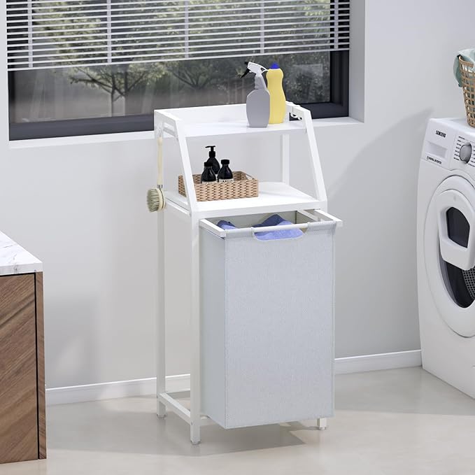 Laundry Hamper, Laundry Sorter, Rolling Laundry Basket with Wheels, 2 Shelves, 18 Gal(68L), Pull-Out and Removable Oxford Fabric Bags, White and Grey