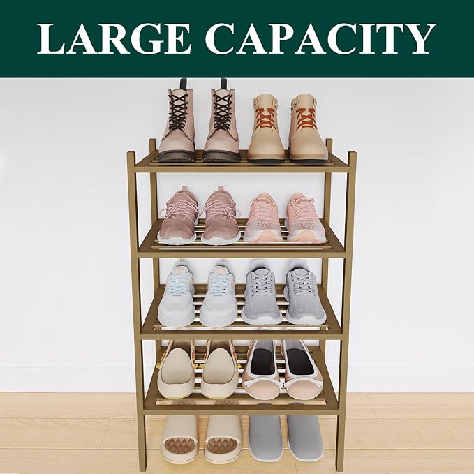 Smiry Small Bamboo Shoe Rack 4-Tier, Stackable Wooden Shoe Organizer for Entryway & Closet, Free Standing Wood Shoe Storage Shelf for Front Door & Small Spaces, Walnut
