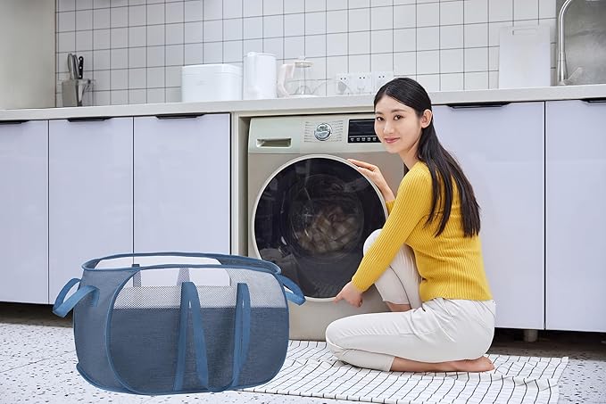 pop-up laundry basket,with Durable Handles collapsible Mesh laundry Hamper,Easy to Open and Fold,Premium Cationic Fabric… (Cationic blue)