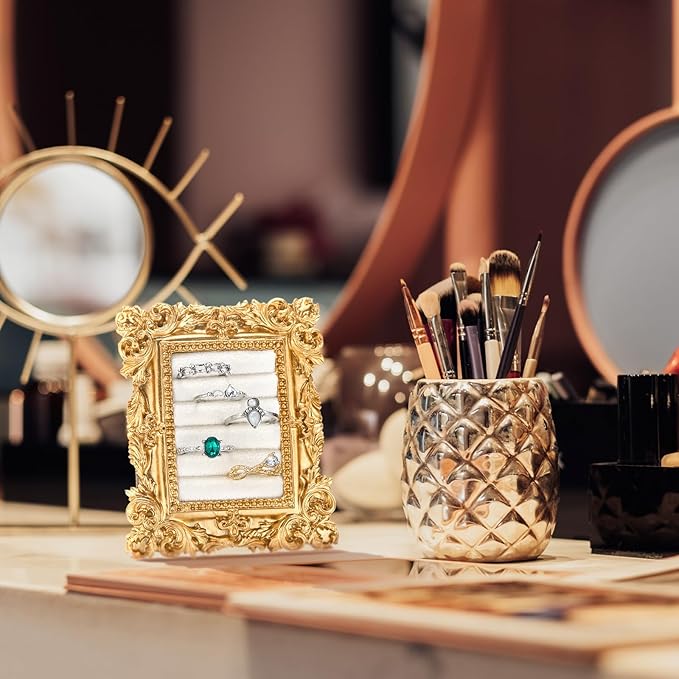 Vintage Ring Holder Rectangle Gold Ring Wedding Display Suede Jewelry Box Stand Frame Earring Tray Anniversary Engagement Baroque Organizer Photograph Prop for Women Birthday Christmas Gift