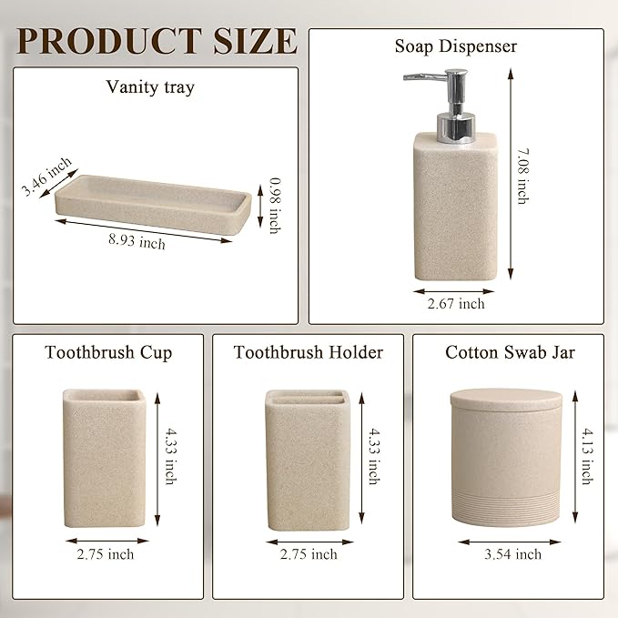 Bathroom Accessories Set, 6 Piece Bathroom Set with Toothbrush Holders, Soap Dispenser, Vanity Tray, Tumbler, Cotton Swab Jars, Bathroom Organizer,Bathroom Sink Sets, Stone Beige
