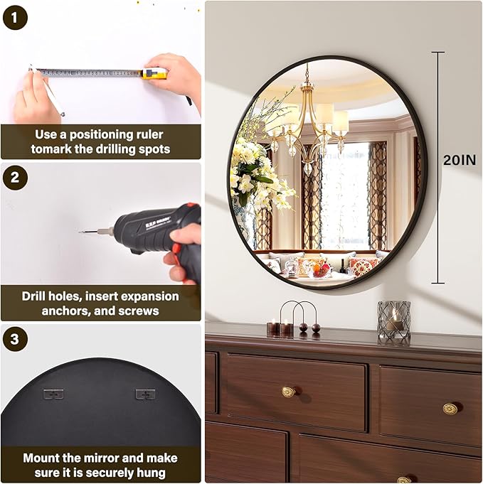 20 Inch Round Mirror - Circle Mirrors for Bathroom, Entryway and Living Room Wall Decor, Modern Hanging Vanity Mirror, Matte Black Circle Decorative Wall Mirror