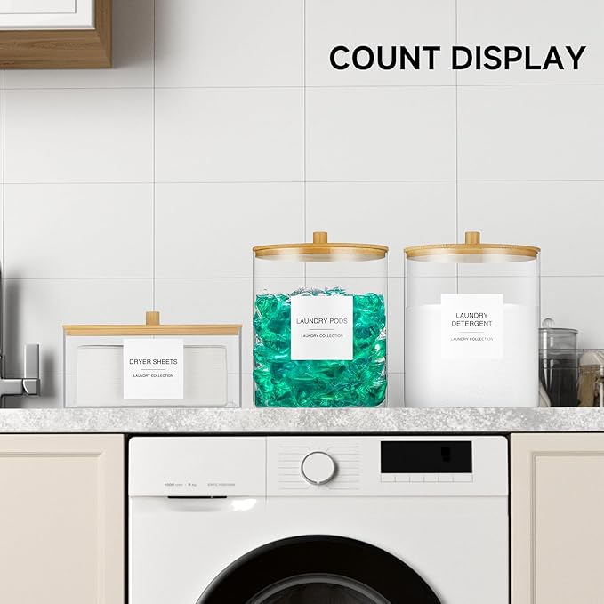 TIPGO Acrylic Dryer Sheet Holder with Lid, Clear Laundry Sheets Container with 27 Labels, Laundry Pods Storage for Laundry Room Organization