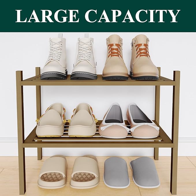 Smiry Small Bamboo Shoe Rack 2-Tier, Stackable Wooden Shoe Organizer for Entryway & Closet, Free Standing Wood Shoe Storage Shelf for Front Door & Small Spaces, Walnut