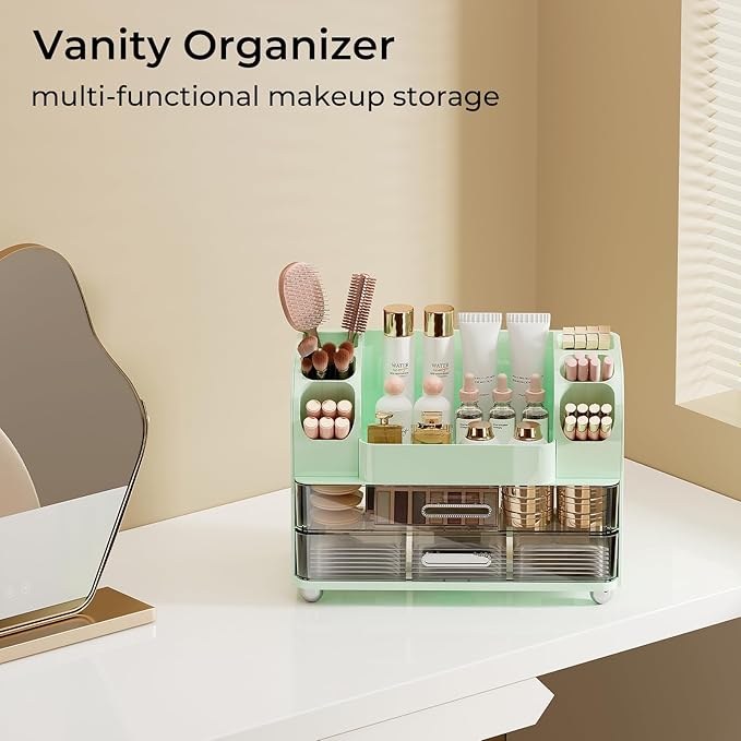 Makeup Organizer for Vanity with 2 Large Drawers, Cosmetic Display Case with Brush Holders, Easy to Storage for Bathroom Countertop Skincare, Desk Office Supplies, Green