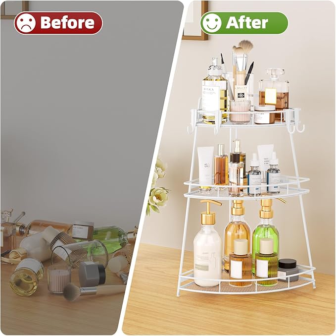 VITVITI 3 Tier Corner Bathroom Counter Organizer, Metal Bathroom Countertop Organizer Shelf Storage, Bath Room Sink Makeup Organizers for Vanity Skincare with Hooks, White