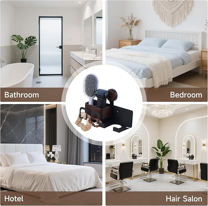 Hair Dryer Holder Wall Mount with Suction Cup, No-Drill Metal Blow Dryer Holder, Hair Accessories Tools Organizer Rack with 3 Toothbrush Hanger & Shelf, Walnut Finish for Bathroom