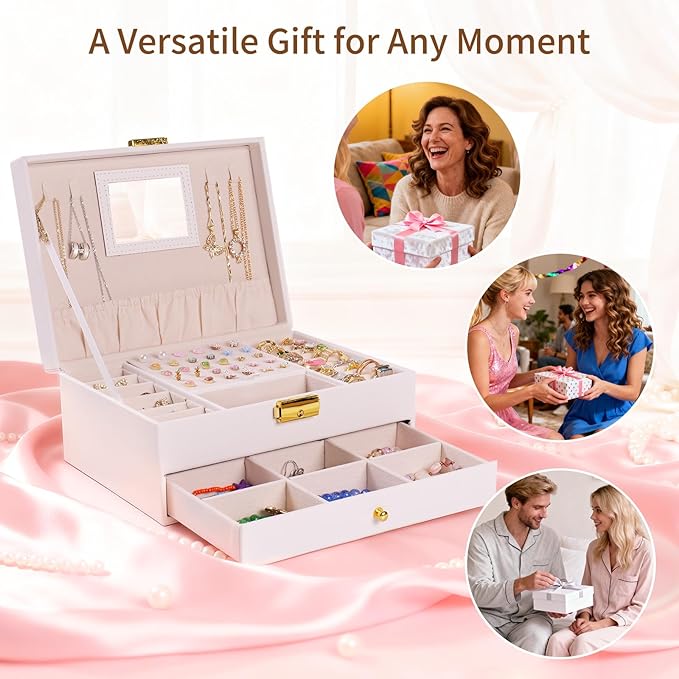 Jewelry Box, 2 Layer Jewelry Organizer with Velvet Earring Organizer, Jewelry Holder Organizer Travel, White Jewelry Boxes for Women, Jewelry Boxes & Organizers for Girls, Christmas Gifts