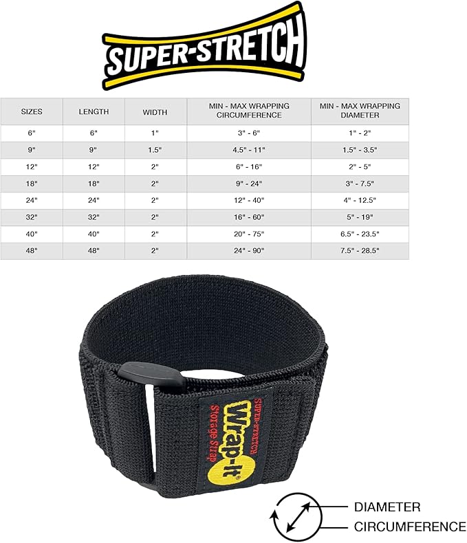 Super-Stretch Wrap-It Storage Straps - Assorted 12-Pack Orange - Elastic Hook and Loop Cinch Straps - Extension Cord Organizer, Hose and Cables Straps, Cord Wrap, Cord Keeper, Garage and RV Storage