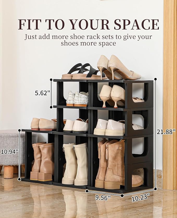 HAIXIN Shoe Organizer Rack for Small Spaces 5 Tier Plastic Vertical Narrow Shelves for Closet Black Shoe Holder, Stand for Entryway Storage Boots Organizer Stackable Cabinet