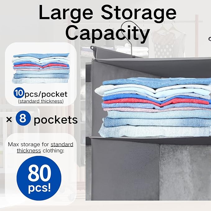 Dual-Row Hanging Closet Organizer – Foldable Clothes Storage Shelves with 3 Hooks, Space-Saving Wardrobe Organizer for Dorm Rooms, Bedroom or Closet (Grey, 4 Tier)
