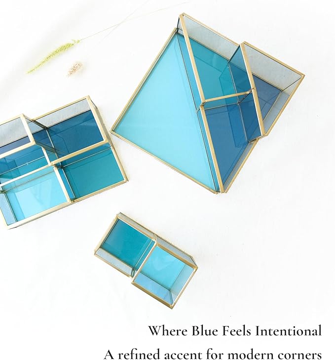 FONDAZZA Gold & Blue Glass Desk Organizer - Elegant Office Decor, Aesthetic Makeup Brush Holder, 2-Compartment Pen Holder, Pencil Cup, Vanity & Cosmetic Storage, Desk Accessories for Women