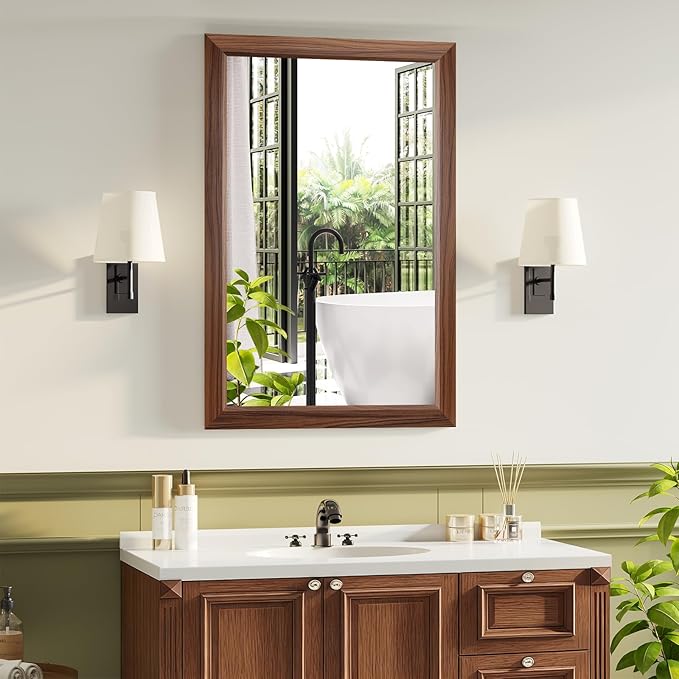 Bathroom Mirror for Over Sink,22x30Inch Thick Anti-Rust Wood Grain Metal Frame, Rectangle Decorative Wall Mirror with HD Tempered Glass, Horizontal or Vertical Mount for Vanity, Bathroom,Living Room