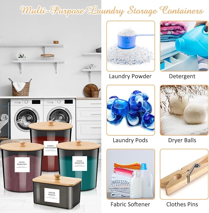 3+1 Pack Laundry Pods Container & Dryer Sheet Holder with Lids, Scoops & Labels - Plastic Laundry Storage Jars for Powder, Pods, Detergent, Room Organization