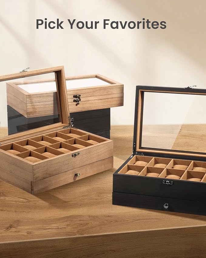 Uten 10-Slot Watch Box, 2-Layers Solid Wood Watch Display Case with Glass Lid, Watch Holder Organizer with Soft Pillow and Velvet Lining, Watch and Jewelry Storage Box, Black