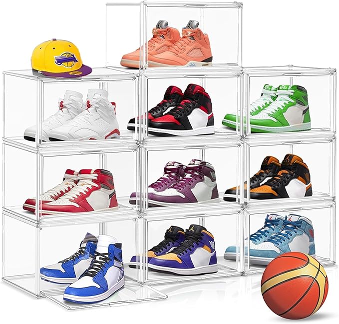 10 Pcs Clear Shoe Storage Boxes Stackable Acrylic Sneaker Shoe Display Case Size 14, Transparent Storage Bins for Boot Handbag Organizer Containers with Magnetic Lids