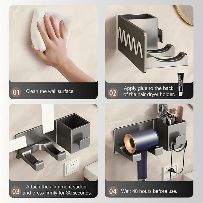 Hair Dryer Holder Wall Mounted, Blow Dryer Holder for Salon, Bedroom, Bathroom Storage, Multi-Functional Bathroom Wall Shelves Hair Tools Organizer for Hairdryers Hairbrush - No Drilling Needed