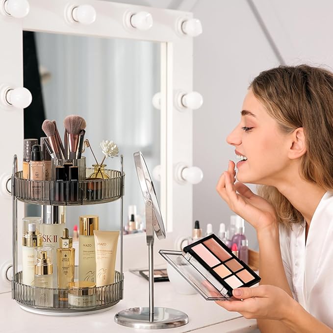 Rotating Makeup Organizer for Vanity, High-Capacity Skincare Clear Make Up Storage Perfume Organizers Cosmetic Dresser Organizer Countertop 360 Spinning (Gray, New-2 Tier)