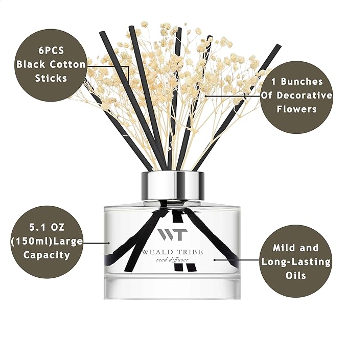 Flower Reed Diffuser Set Cashmere Vanilla Scent for Bathroom Accessories,Christmas Shelf Decor & Air Fresheners, Bedroom Sticks Defusers with 5.1 fl oz Essential Oils, Office Gifts