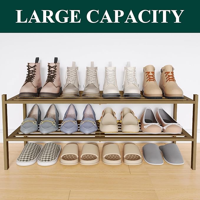Smiry Long Bamboo Shoe Rack 2-Tier, Stackable Wooden Shoe Organizer for Entryway & Closet, Free Standing Wood Shoe Storage Shelf for Front Door & Small Spaces, Walnut