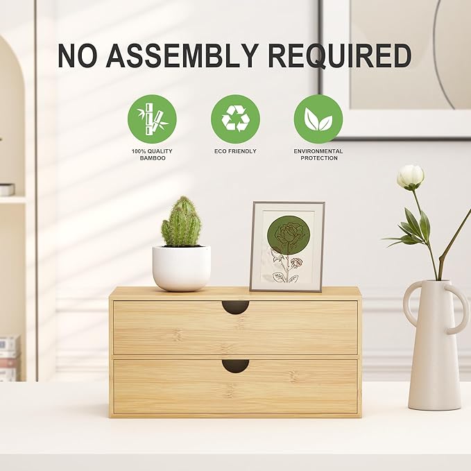 Wisuce Desk Organizer with Drawers - Bamboo Desktop Organizer Storage | White-Natural Wood Desk Drawers Organizer for Bills, Office Supplies, Cosmetics, Seals No Assembly Required(2 drawers edge-free)