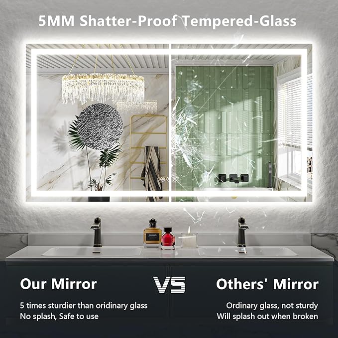 80x40 Inch LED Bathroom Mirror with Lights Front and Backlit Lighted Vanity Mirror for Bathroom Wall with 3 Colors Dimmable Anti-Fog Memory Shatter-Proof IP54 Waterproof Horizontal/Vertical