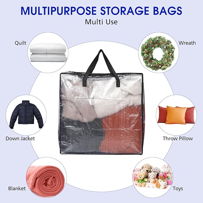 8 Pcs Clear Wreath Storage Bags 26 Inch Valentines St. Patrick's Garland Container Door Garland Holiday Wreath Storage Holder with Handle and Zipper Heavy Duty Plastic Packing Totes(Black)