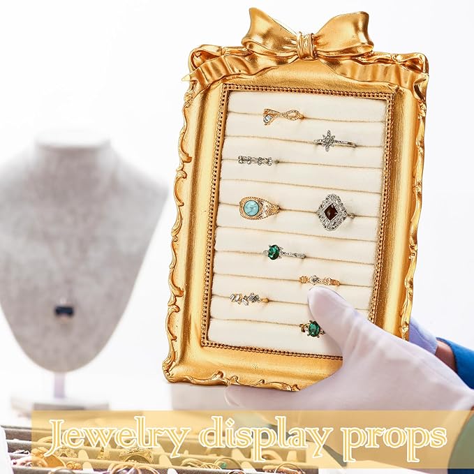 Vintage Ring Holder Bow Gold Ring Wedding Display Suede Jewelry Box Stand Frame Earring Tray Anniversary Engagement Baroque Organizer Photograph Prop for Women Birthday Christmas Gift