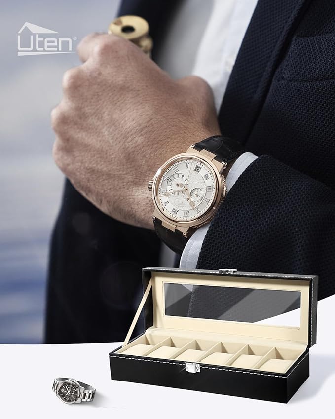 Uten Watch Box, 6 Slots Watch Case, Watch Box Organizer Jewelry Storage with Large Glass Lid, Watch Display Case, Watch Box for Men & Women