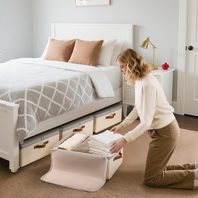 Large Closet Storage Bins - Compression Organizer Bins, Stackable Closet Organizer, Expandable Under Bed Storage Containers for Clothes, Towels, Sheet, 4 Pack, Beige